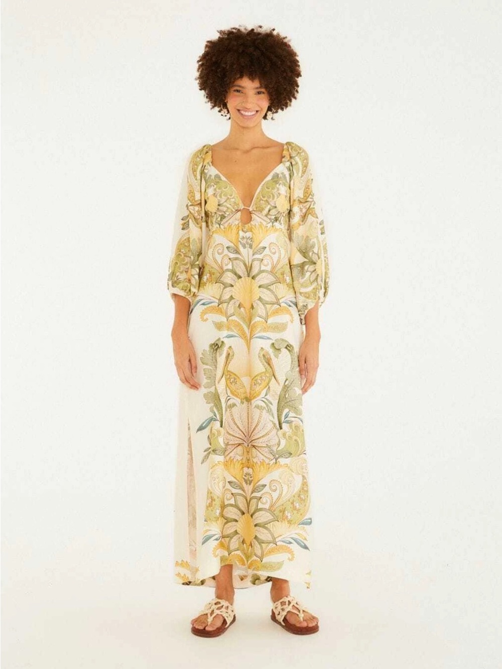 FARM Rio Garden Floral Print Maxi Dress in Cream, Yellow, and Green